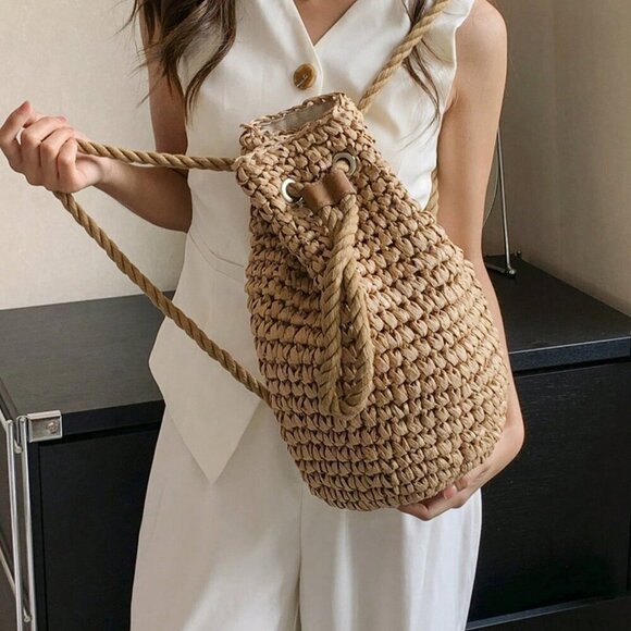 Khaki Casual Women's Foldable Bucket Drawstring Backpack Outdoor - Picture 1 of 11